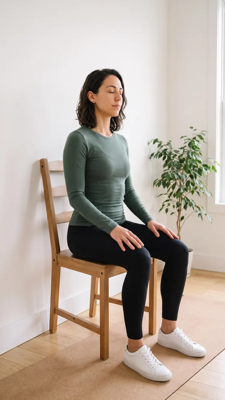A woman sits tall on a chair whose back is against the wall, hands on her thighs, shoulders low, eyes closed.