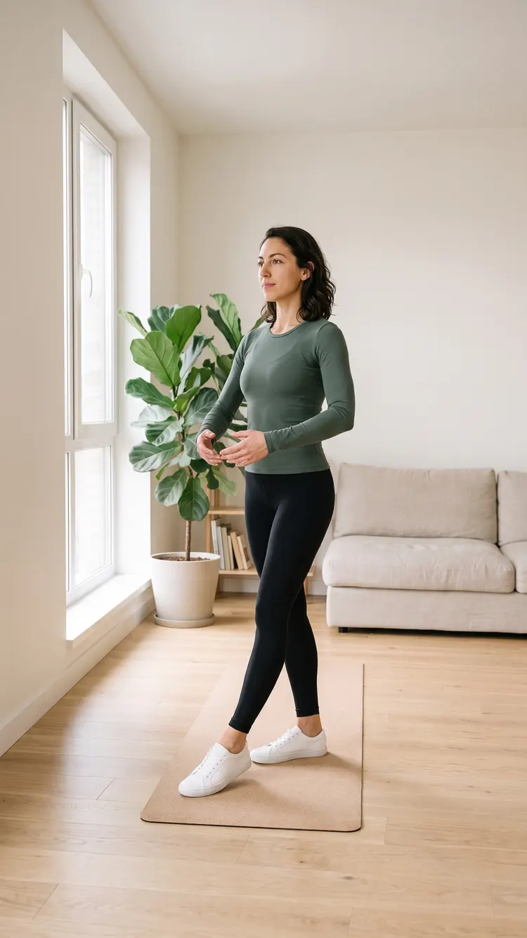 Standing on a mat, a woman rests her weight on her back foot, her front heel on the floor, hands in front of her belly as if holding a ball.