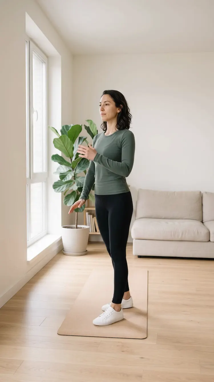 She has shifted her weight forward; one hand rises to chest height and the other sinks beside her hip.