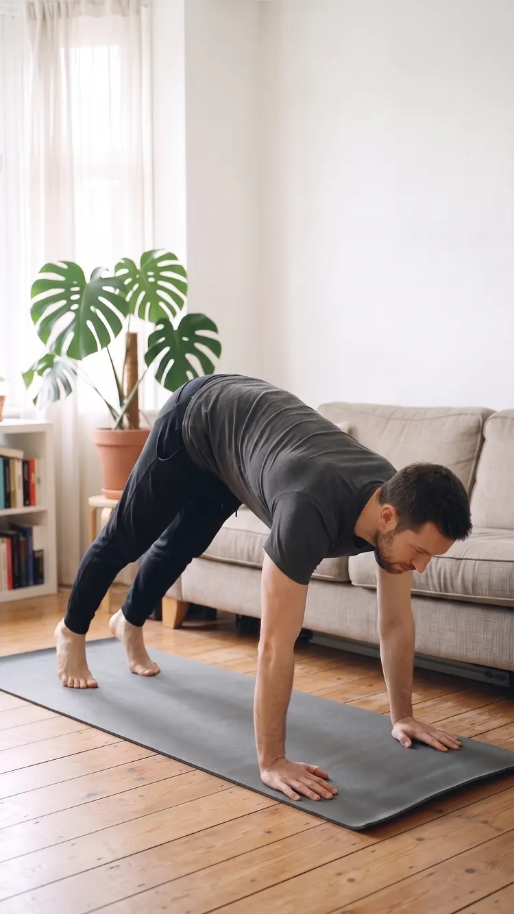 On a mat, a man holds an upside-down V, hands and feet down, hips high, arms straight.