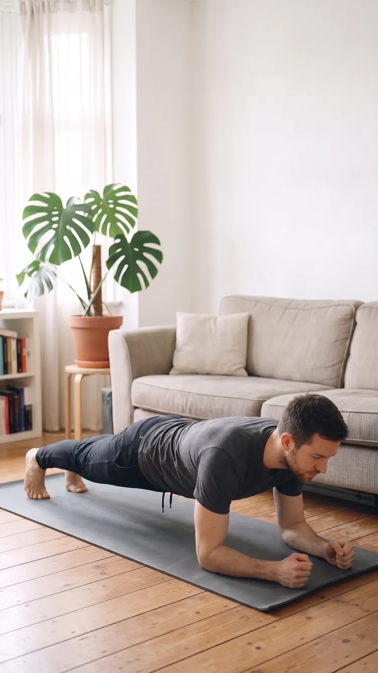On a mat, a man holds a forearm plank on his toes, body in one line from head to heels.