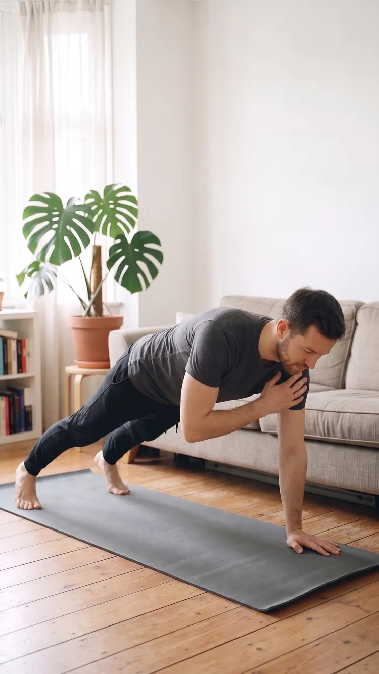 In a high plank on a mat, feet wide, a man lifts one hand to tap the opposite shoulder.