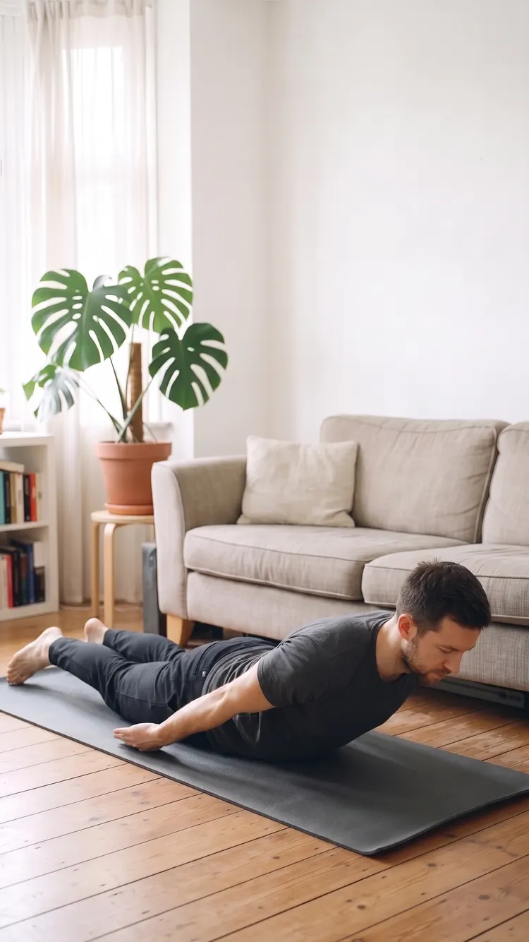 Lying face down on a mat, a man lifts his chest and arms an inch or two, eyes on the floor.
