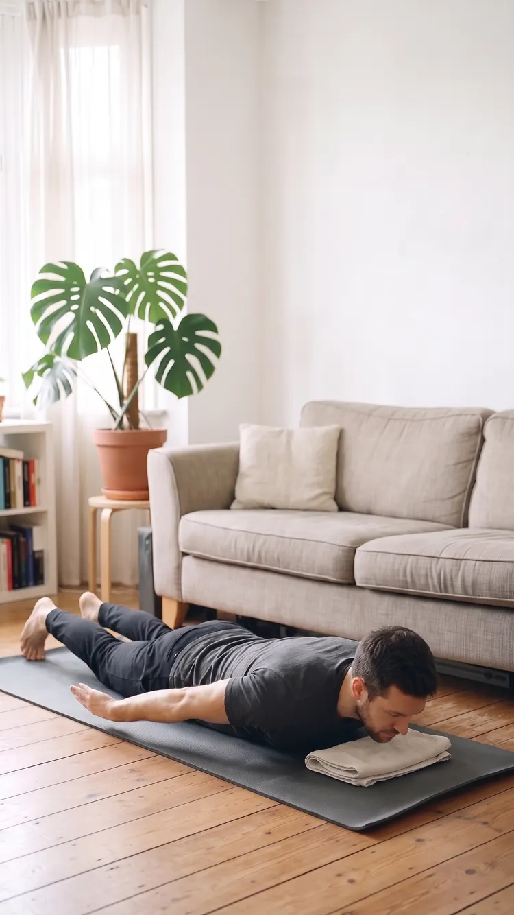 Lying face down on a mat, forehead on a folded towel, a man rests his arms by his hips, hands just above the floor.