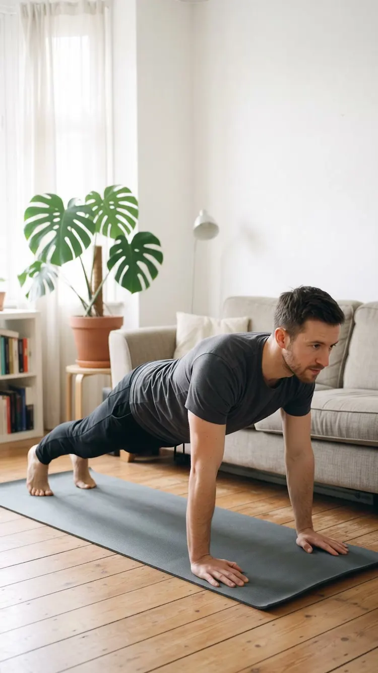 On a mat in a bright living room, a man holds the top of a push-up, body in one line from head to heels.