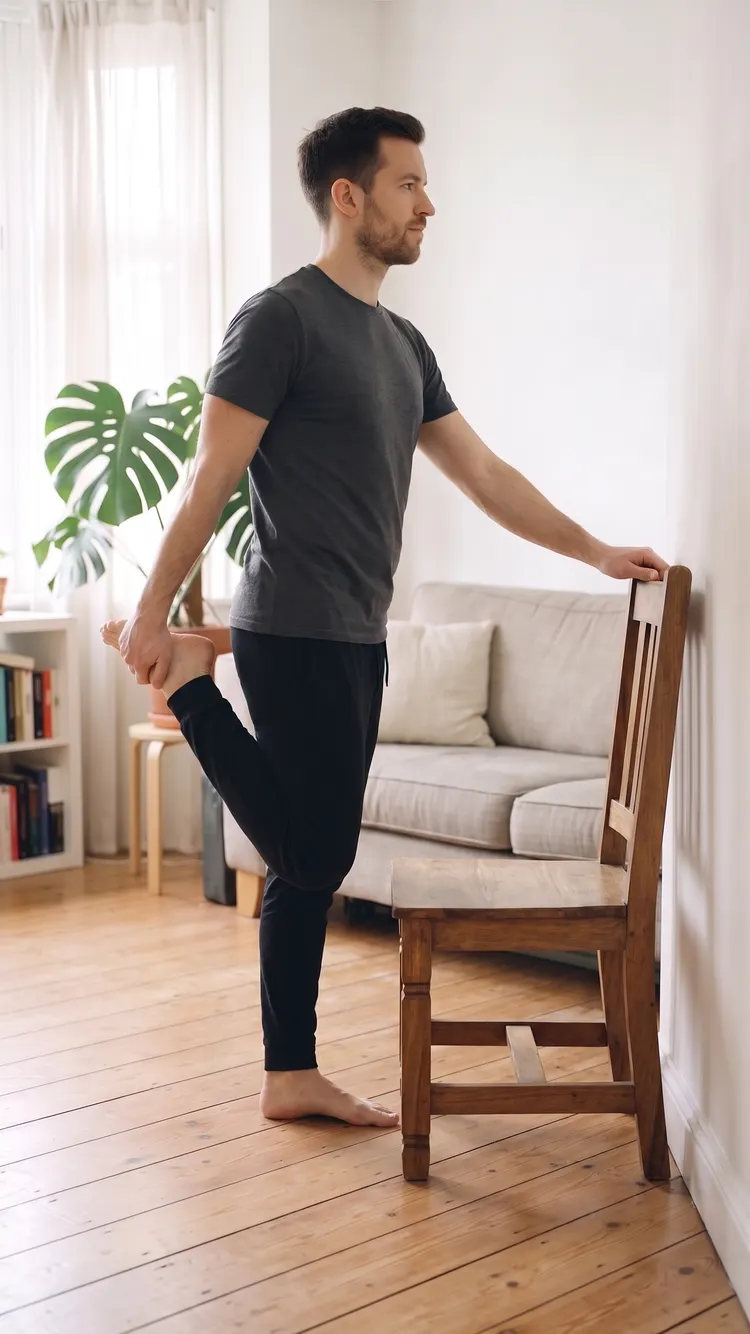 One hand on a chair against the wall, a man holds one ankle behind him, knees close, back tall.
