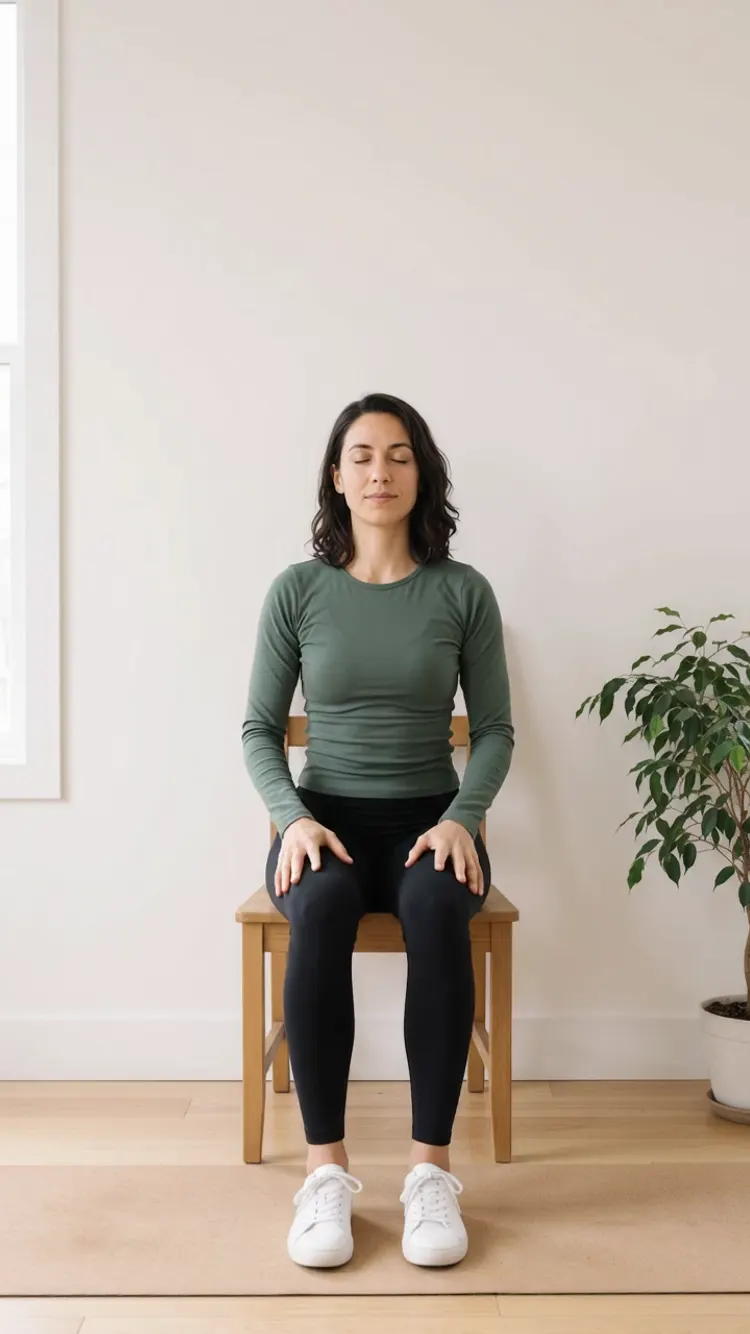 A woman sits tall on a chair whose back is against the wall, her hands resting on her thighs.