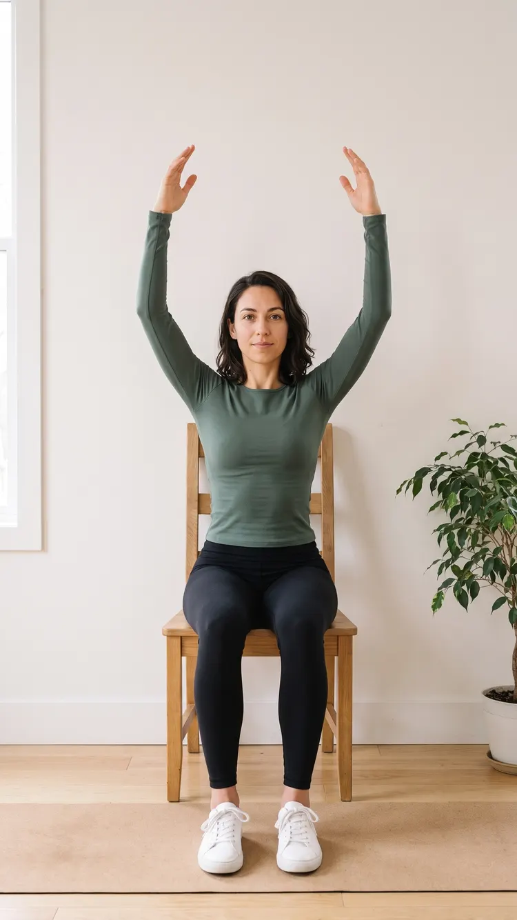 She has lifted both arms out to the sides and up above her head.