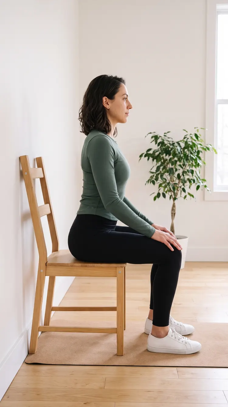 Seen from the side, a woman sits near the front of a chair whose back is against the wall, hands on her knees, her chest lifted a little.
