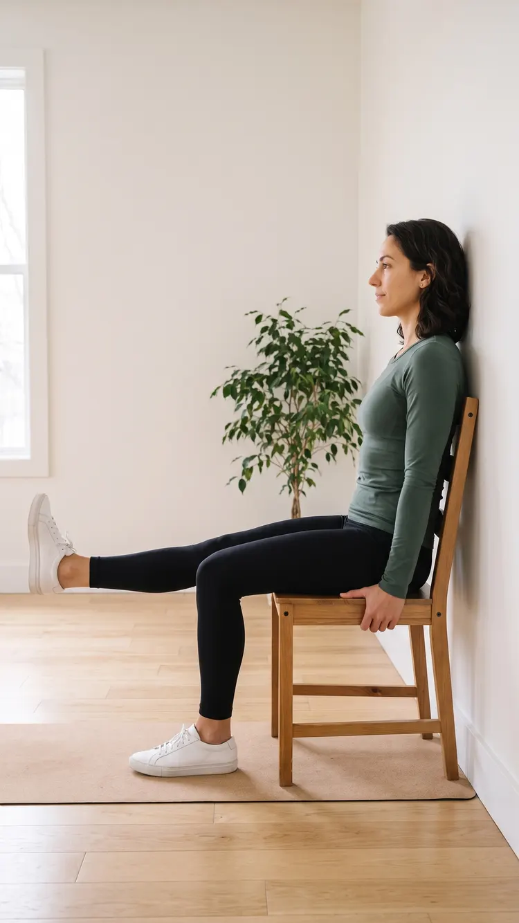 Seen from the side, a woman sits on a chair whose back is against the wall, one leg straightened out level in front of her.