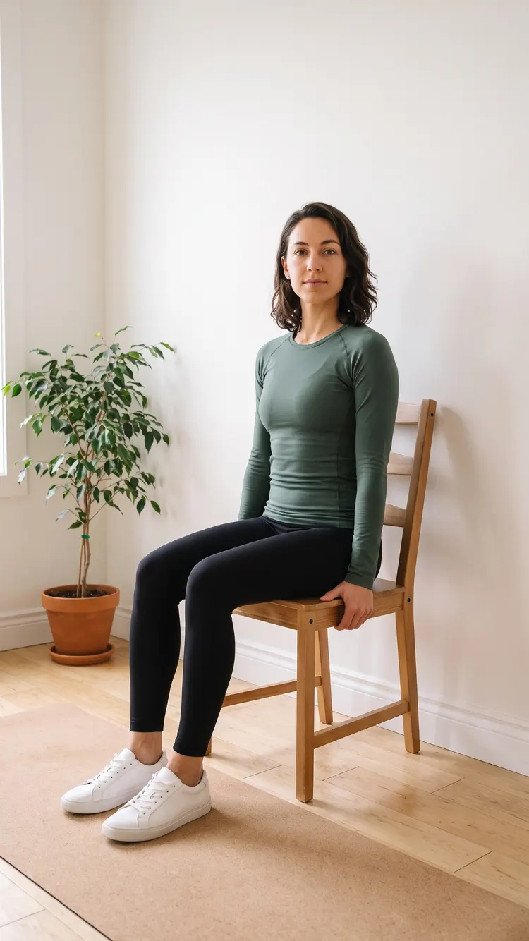 A woman sits tall on a chair whose back is against the wall, hands holding the sides of the seat.