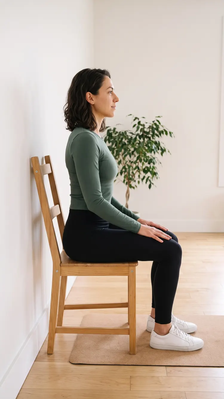 Seen from the side, a woman sits tall on a wooden chair whose back is against the wall, hands resting on her thighs.
