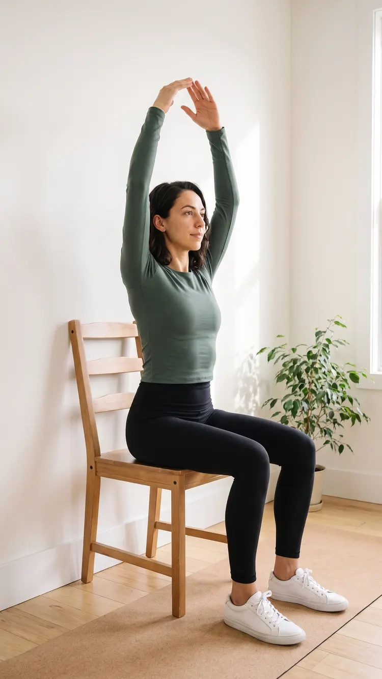 A woman sits tall on a chair whose back is against the wall, both arms raised overhead, her fingertips touching above her head.
