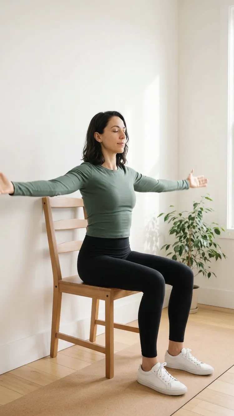 She opens her arms wide out to the sides at shoulder height.