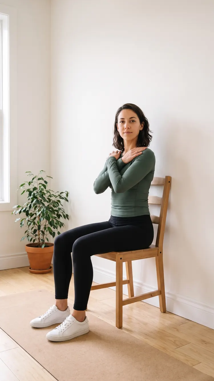 A woman sits tall on a chair whose back is against the wall, arms crossed over her chest, her chest turned a small way to one side.