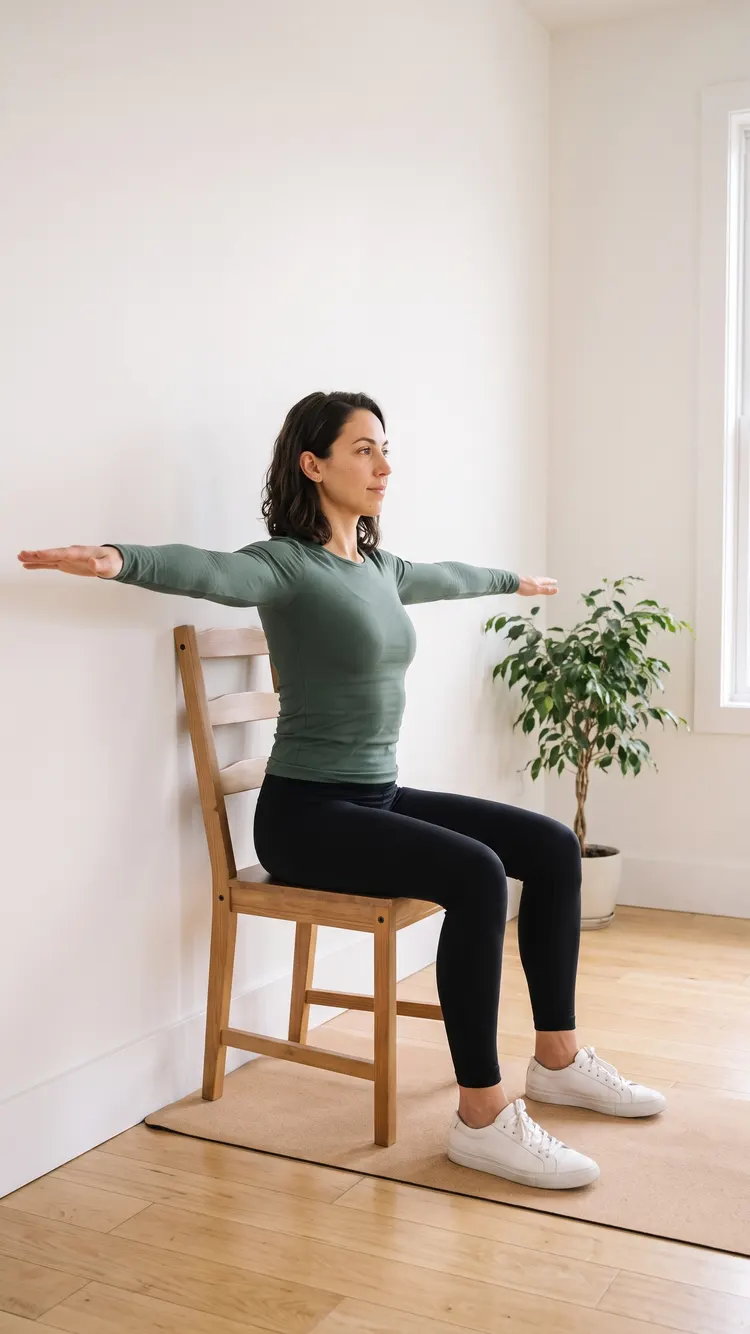 A woman sits tall on a chair whose back is against the wall, both arms straight out to the sides at shoulder height, looking over one hand.