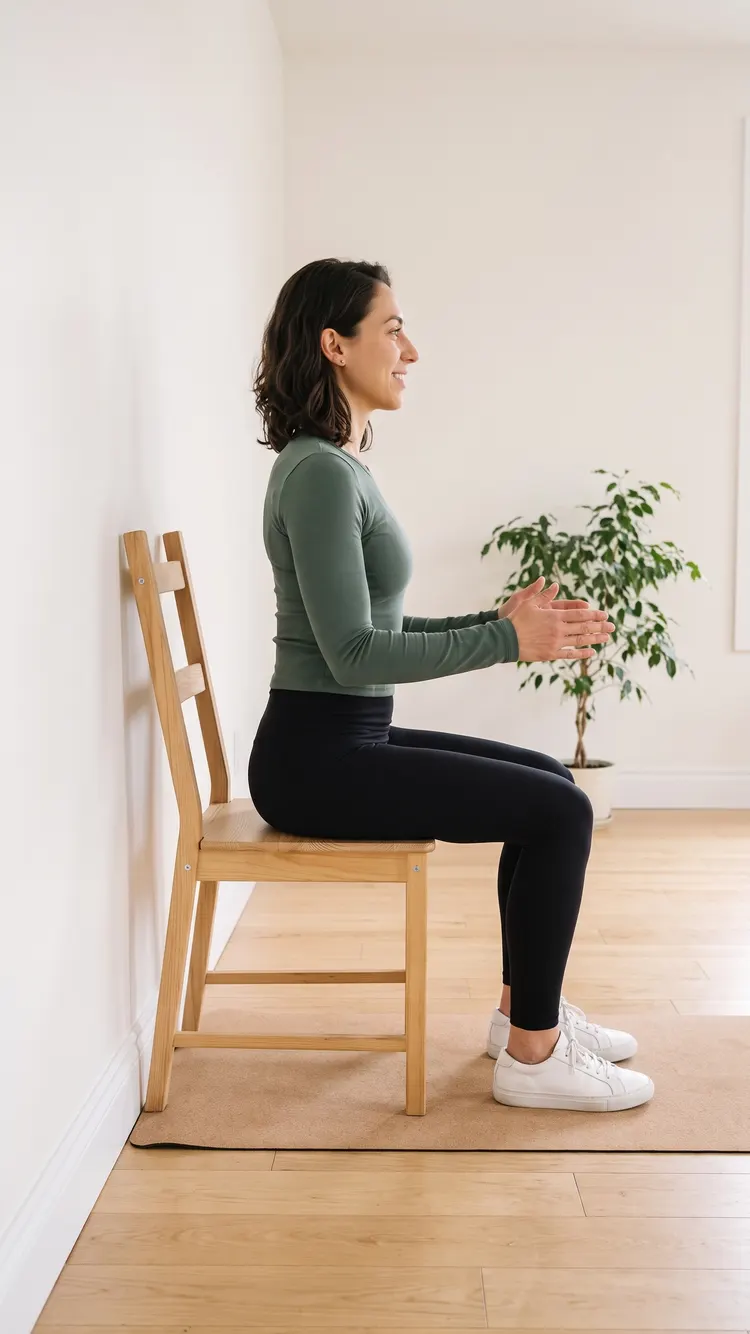 Seen from the side, a woman sits tall on a chair whose back is against the wall, elbows bent at her sides, forearms forward.