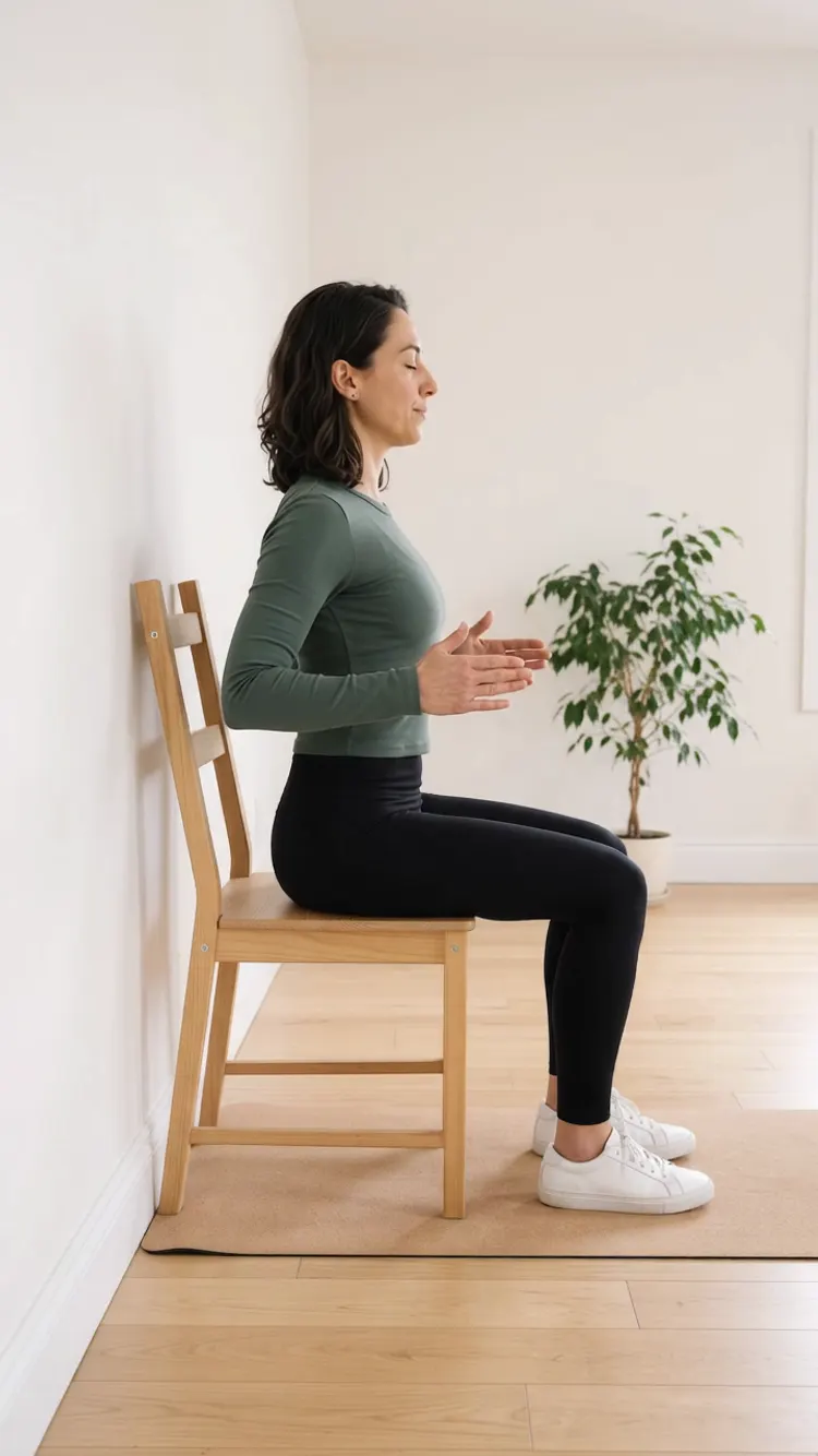 She slides her shoulder blades back and down, her elbows drawing back and her chest opening.
