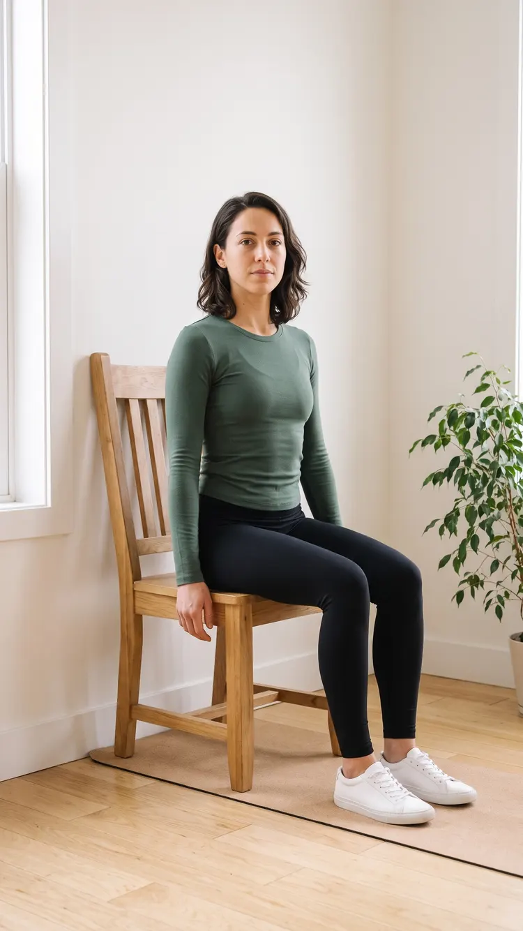 A woman sits tall on a wooden chair whose back is against the wall, arms hanging loose by her sides.