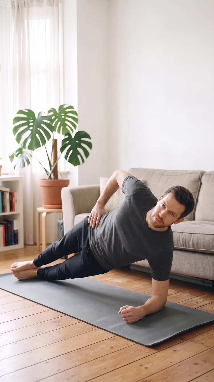 On a mat, a man holds a side plank on one forearm, feet stacked, body in one straight line.