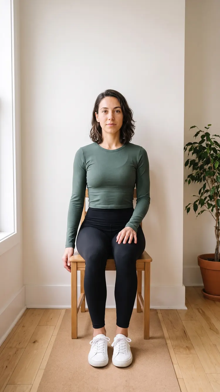 A woman sits tall on a wooden chair whose back is against the wall, one hand on her thigh and the other at the edge of the seat.