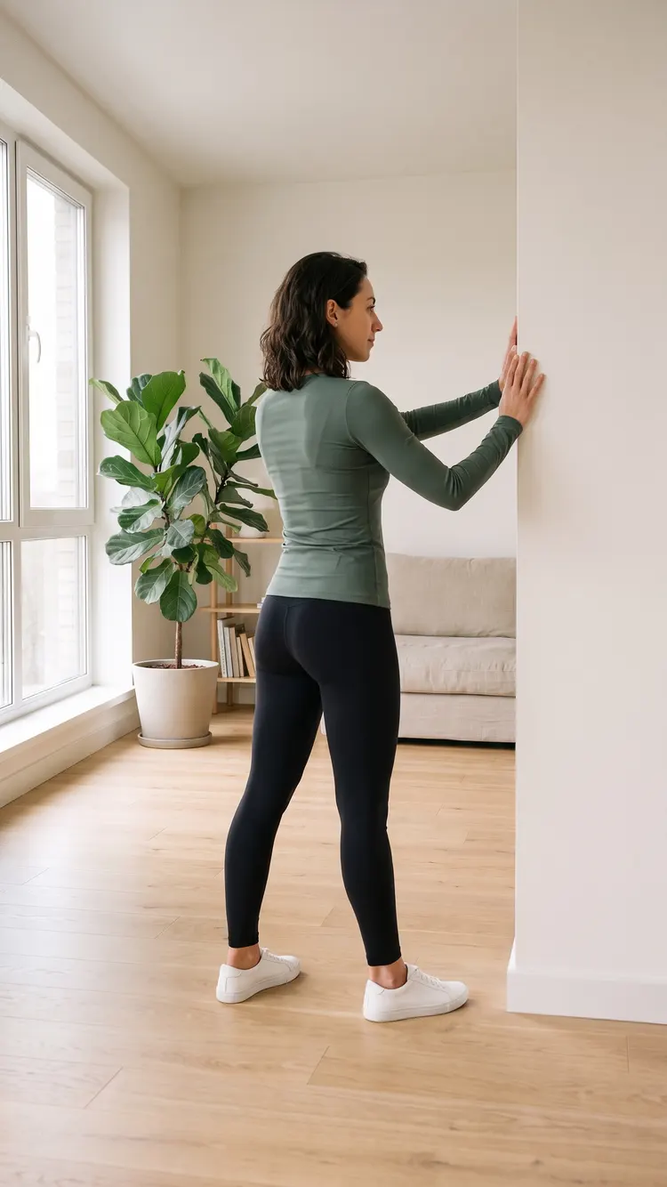 Facing the wall with her hands on it, a woman has stepped one foot a short way to the side.