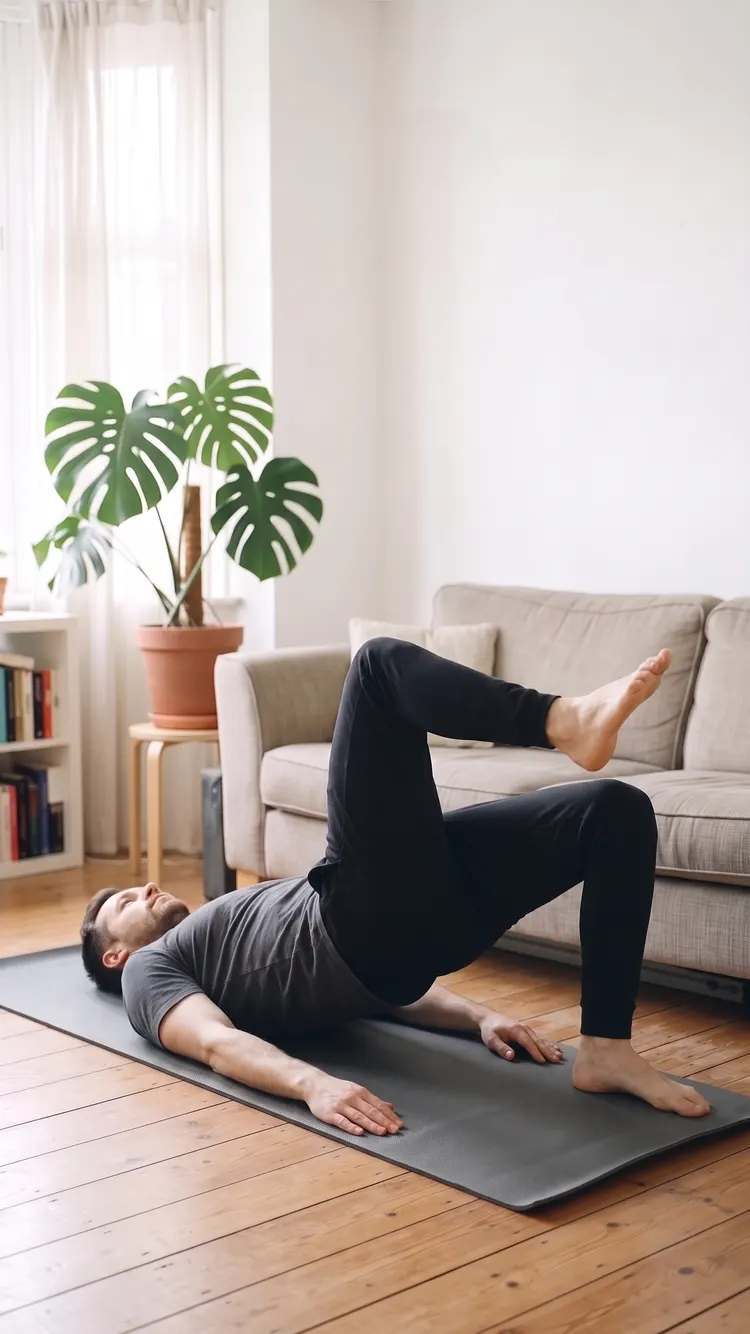 Lying on his back on a mat, a man lifts his hips on one foot, the other knee drawn up.