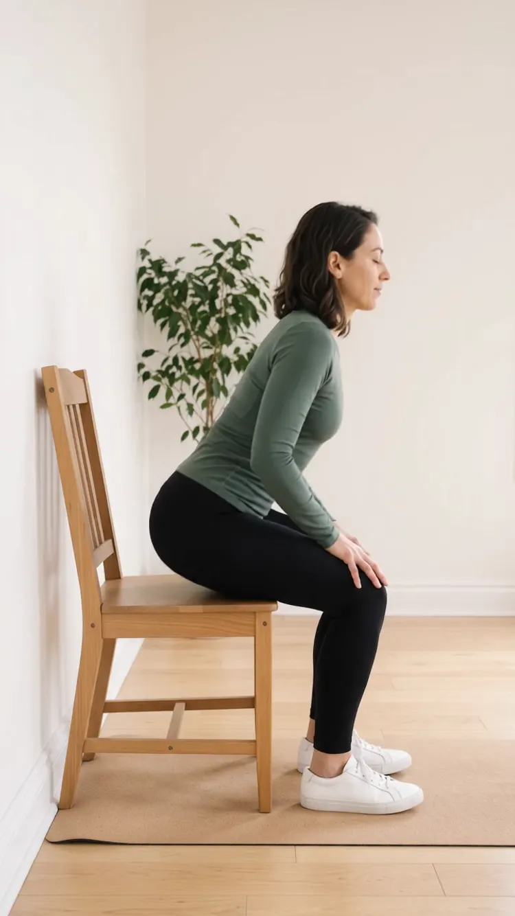 Seen from the side, a woman sits on a chair whose back is against the wall and leans forward from her hips, her back long, hands on her thighs.