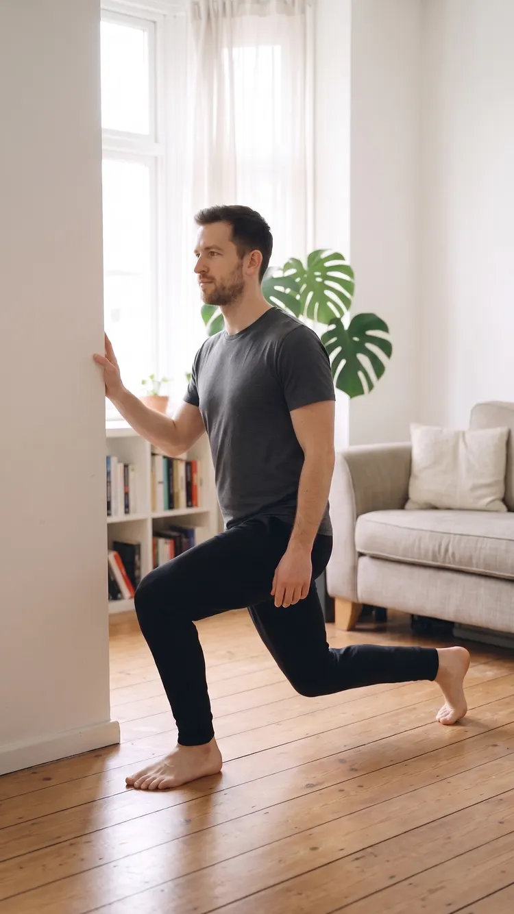 One hand on a wall, a man lowers into a split squat, back heel lifted, chest tall.
