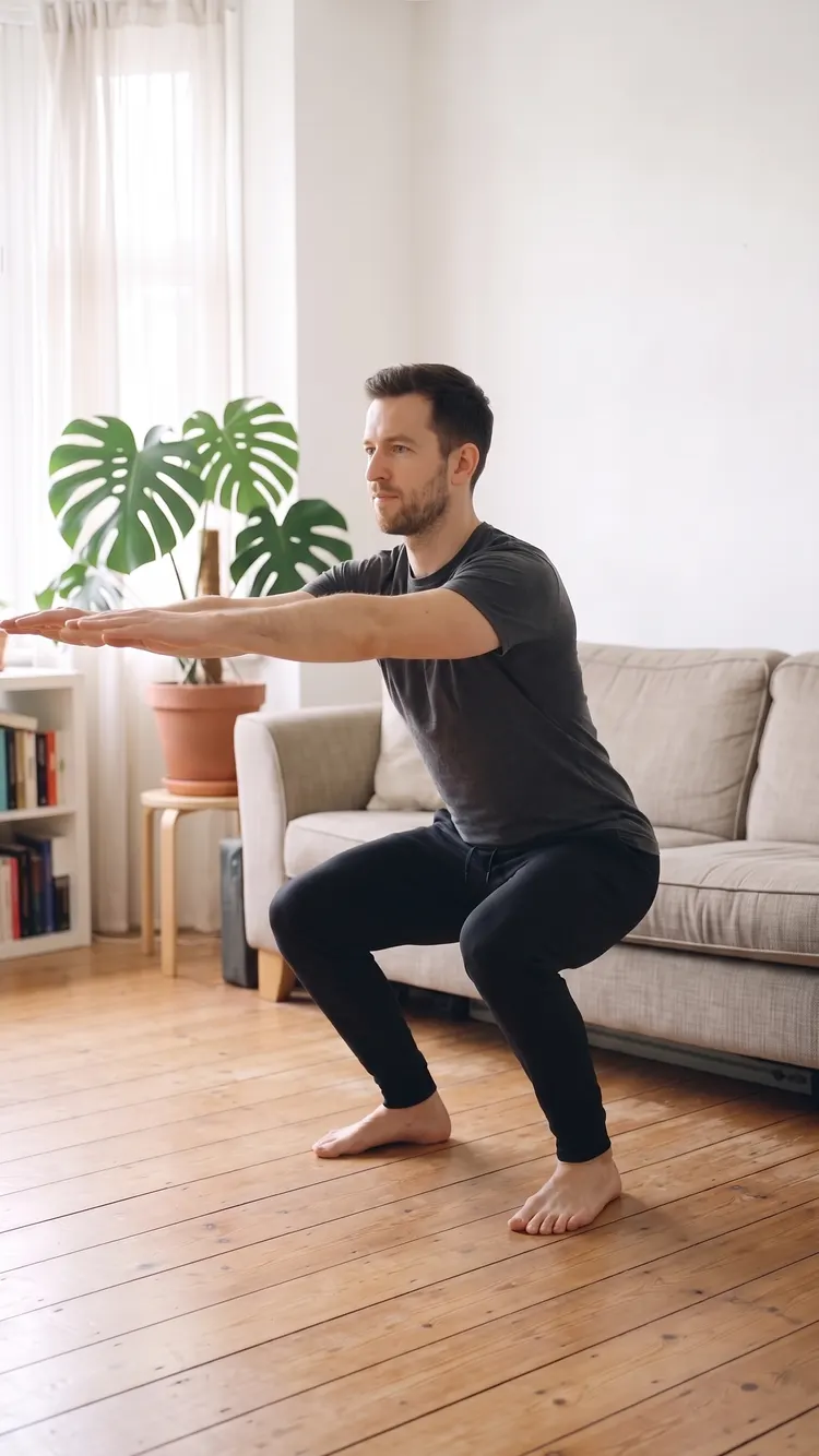A man holds the bottom of a squat, hips back, chest tall, arms out in front.