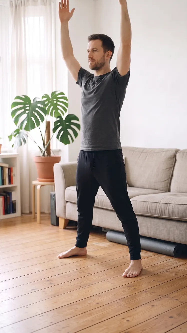 A man steps one foot out to the side and raises both arms overhead.