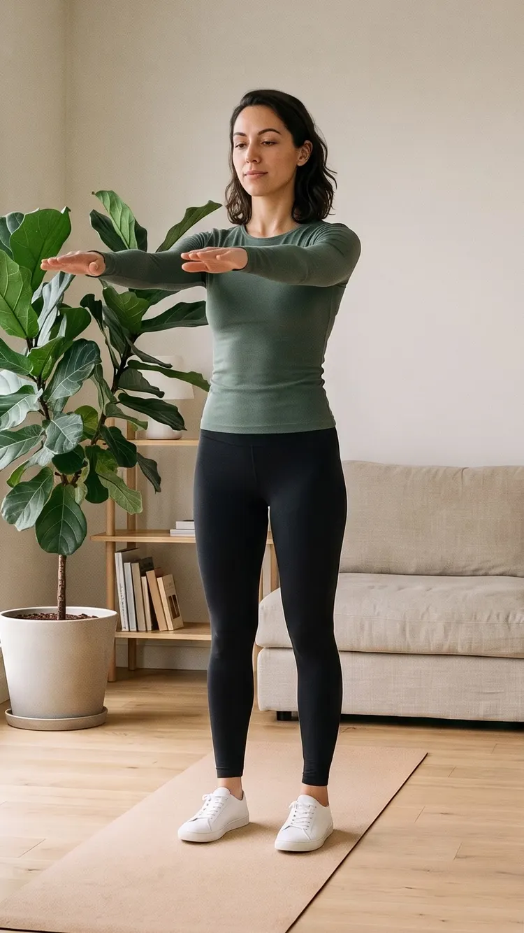 On a mat in a bright home studio, a woman floats both arms forward to shoulder height, palms down, knees soft.