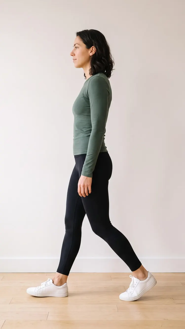 Seen from the side in a bright hallway, a woman walks slowly, upright, arms relaxed.