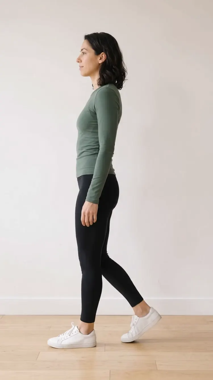Mid-step: her front foot is down and her weight moves onto it.