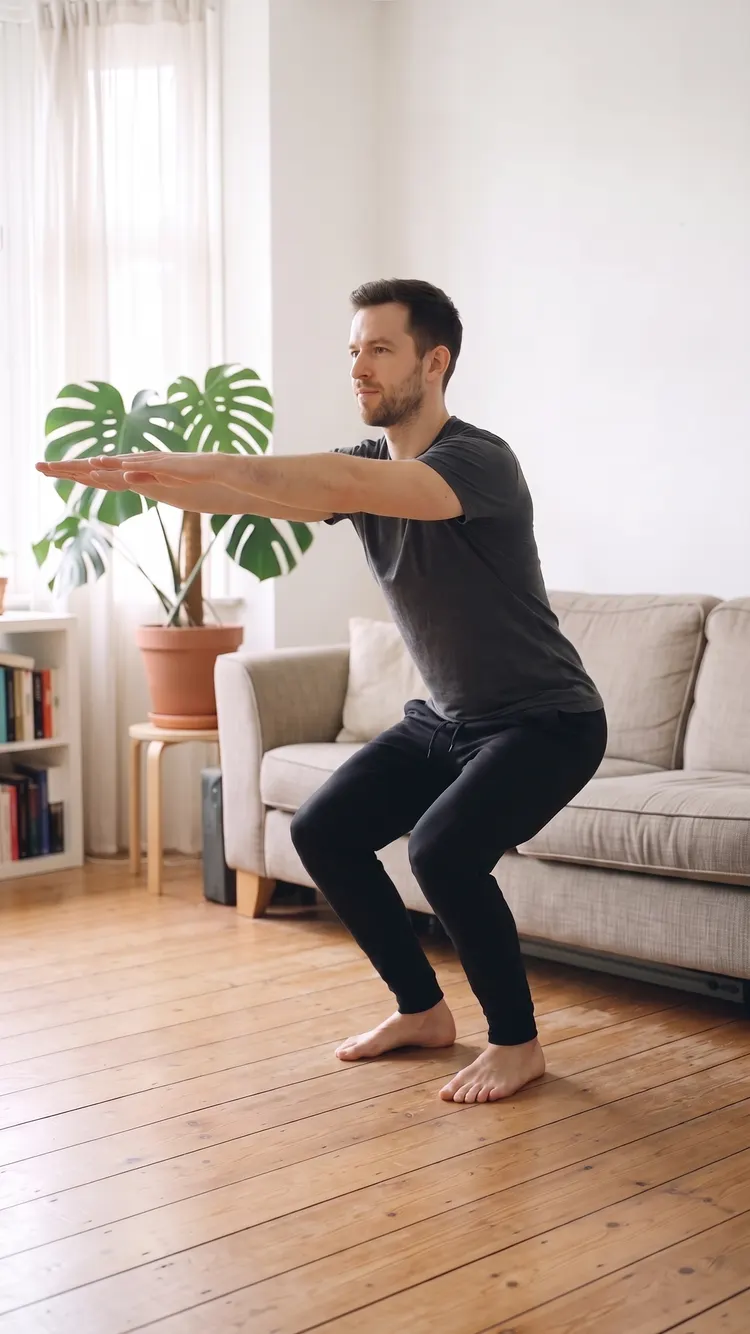 A man bends his knees into a shallow squat, hips back, chest tall, arms straight out in front.