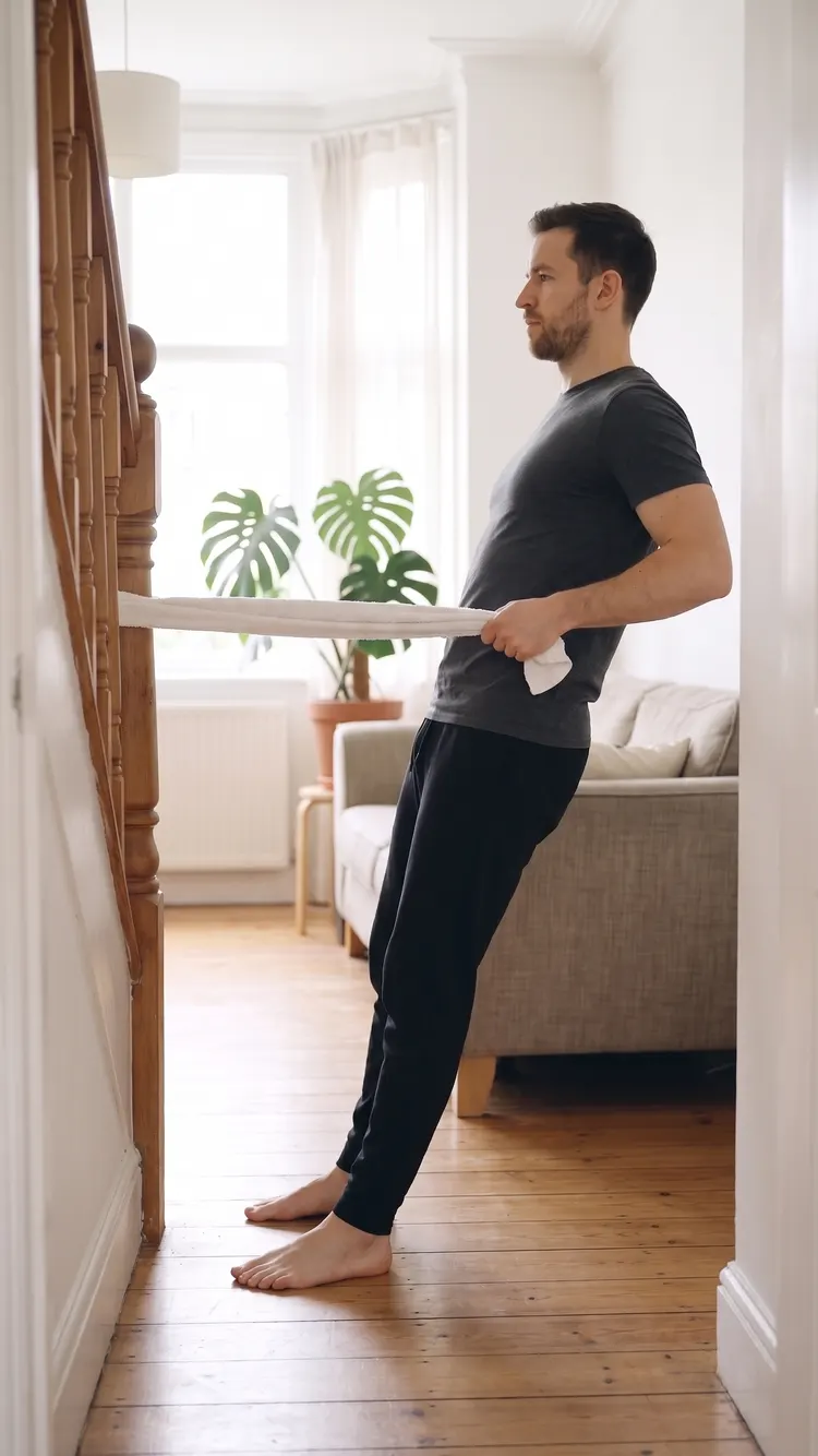 Holding a towel looped around a solid stair post, a man leans back and rows his elbows to his ribs.