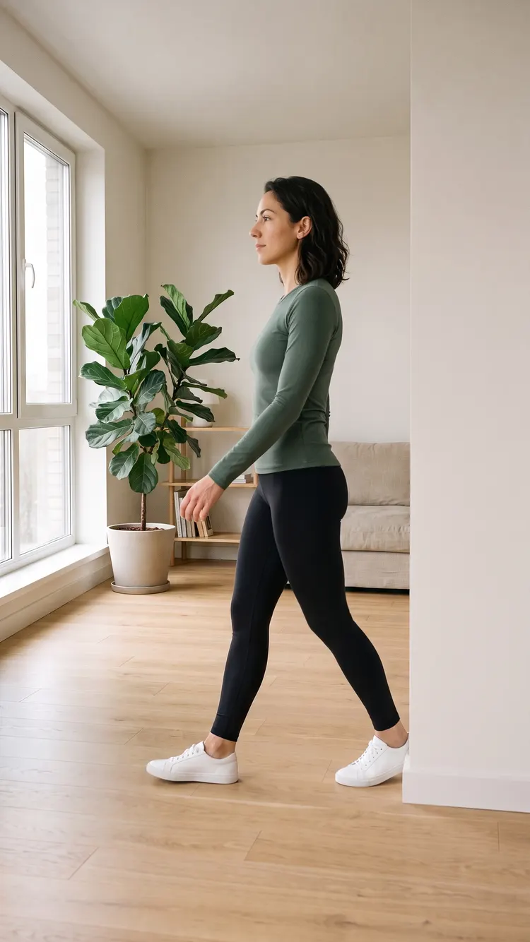 Seen from the side, a woman walks at an easy pace, her arms swinging small and loose.