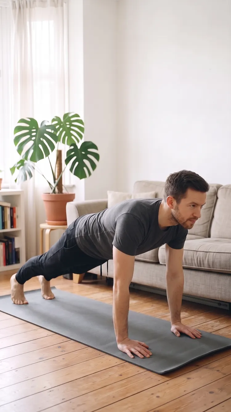 On a mat, a man holds a high plank, hands under his shoulders, body in one line.