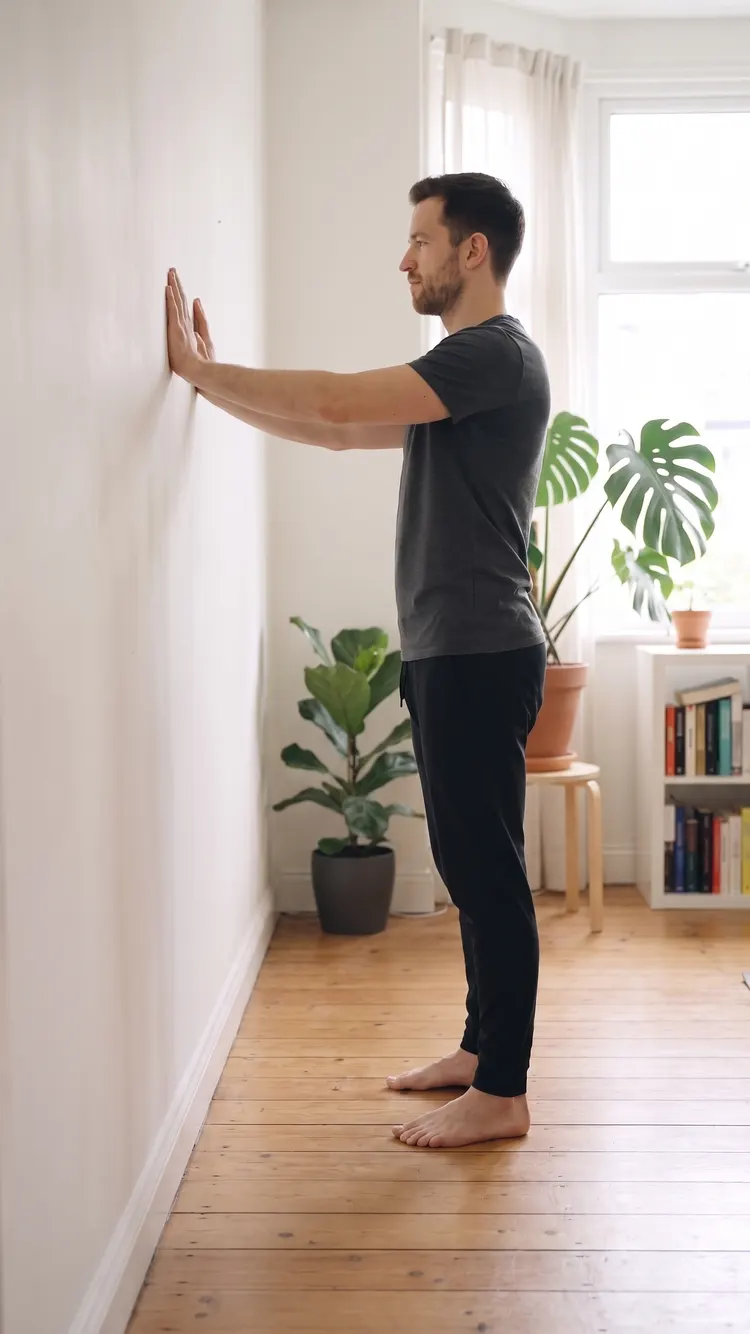 Facing a plain wall, a man rests both hands on it at shoulder height, arms straight, body in one line.
