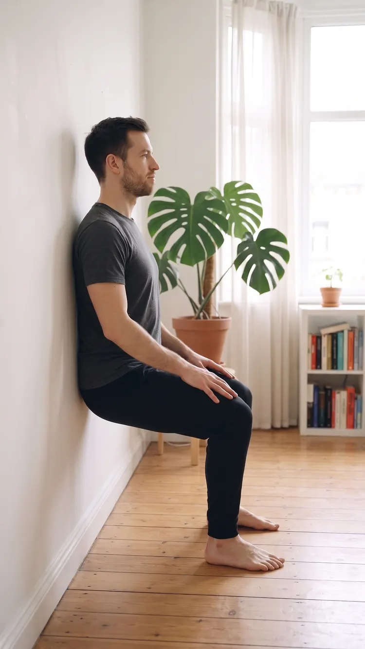 Back flat against a plain wall, a man holds a wall sit, knees bent over his ankles.