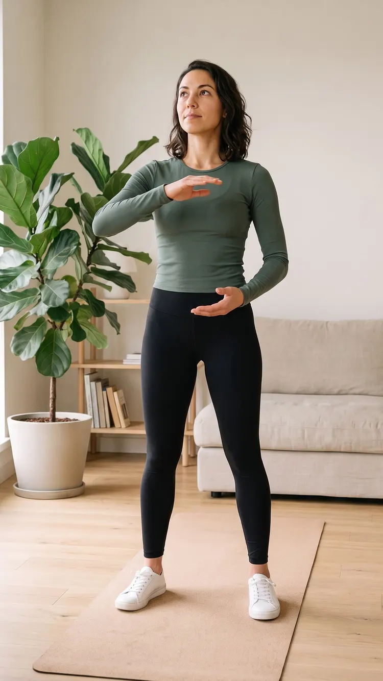 On a mat in a bright home studio, a woman floats one hand at chest height, palm toward her, and the other low by her belly.