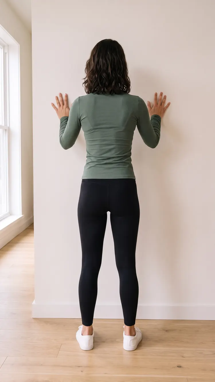 Seen from behind, a woman faces the wall with both hands flat on it at shoulder height, feet a little wider than hip-width, knees soft.
