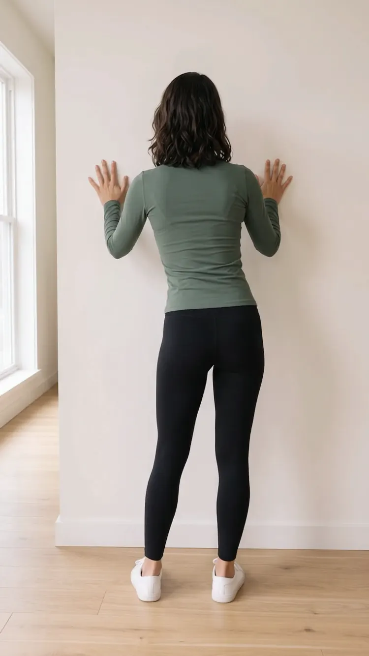 She has moved her hips and weight over her right foot, both feet still flat, hands on the wall.
