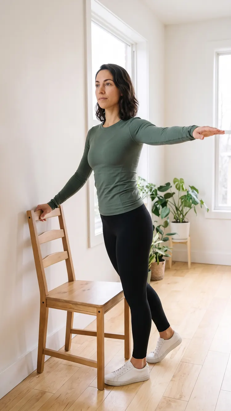 Beside a chair whose back is against the wall, a woman rests one hand on the backrest and lifts her other arm out to the side like a wing, the toes of one foot resting on the floor.