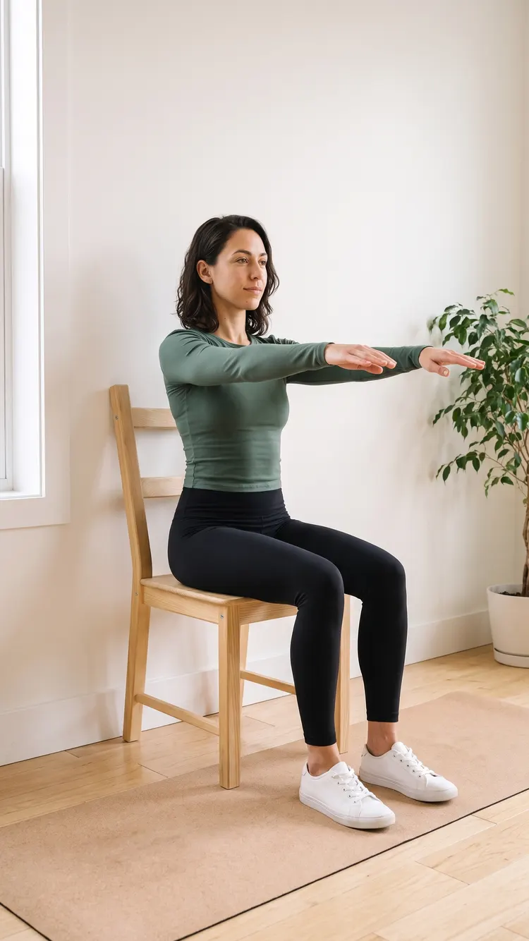 A woman sits tall on a wooden chair whose back is against the wall, both arms held out in front of her at chest height.